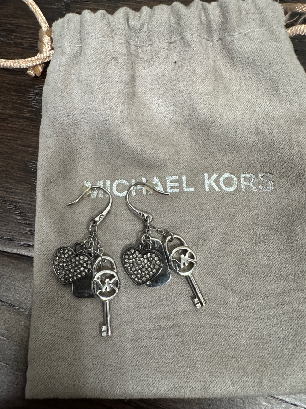 Michael Kors Silver-Tone Heart & Key Charm Dangle Earrings